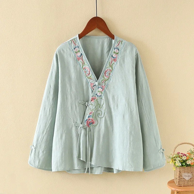 ใหม่จีน Retro V คอแนวทแยงเสื้อสเวตเตอร์ถักปุ่มฤดูใบไม้ผลิฤดูใบไม้ร่วงผ้าฝ้ายปรับปรุง Hanfu Zen ชาเสื