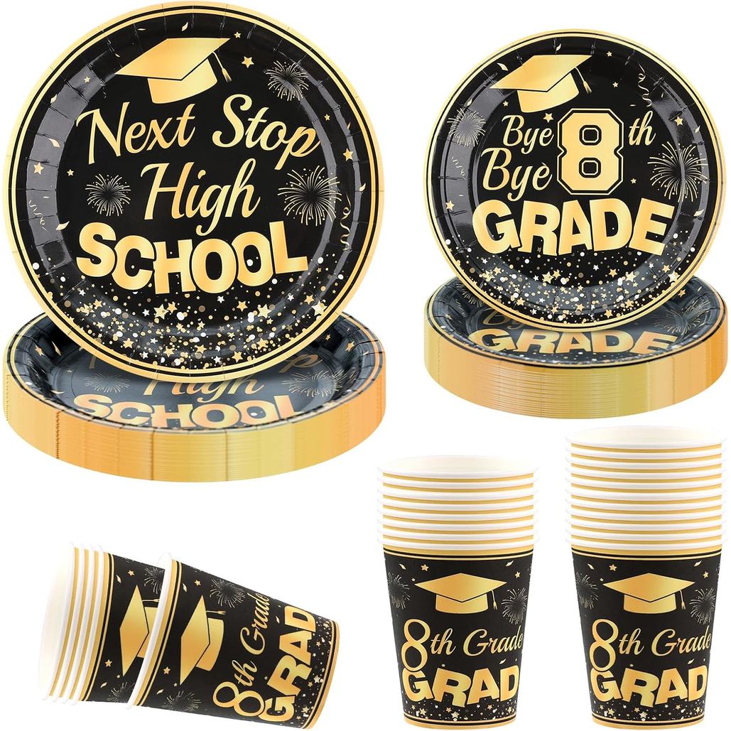 8th Grade Graduation Decoration Party Supplies ชุดสําหรับ 24-แผ่นกระดาษแบบใช้แล้วทิ้งและถ้วยบนโต๊ะอา