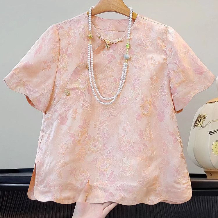 Retro Diagonal Placket Buckle ใหม่เสื้อจีนผู้หญิง 2026 High-End สีชมพูพิมพ์สไตล์จีนรอบคอ Top 2689GCS