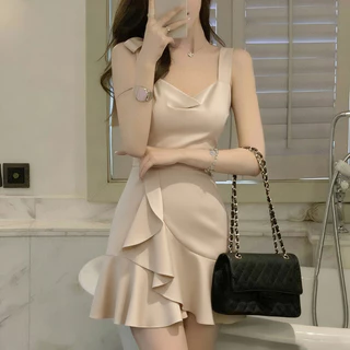 Lovito เดรสลําลองผู้หญิงผ้าพลิ้วสไตล์ Ruffle ฤดูร้อน/ฤดูใบไม้ผลิ สีคากี LK4ED853