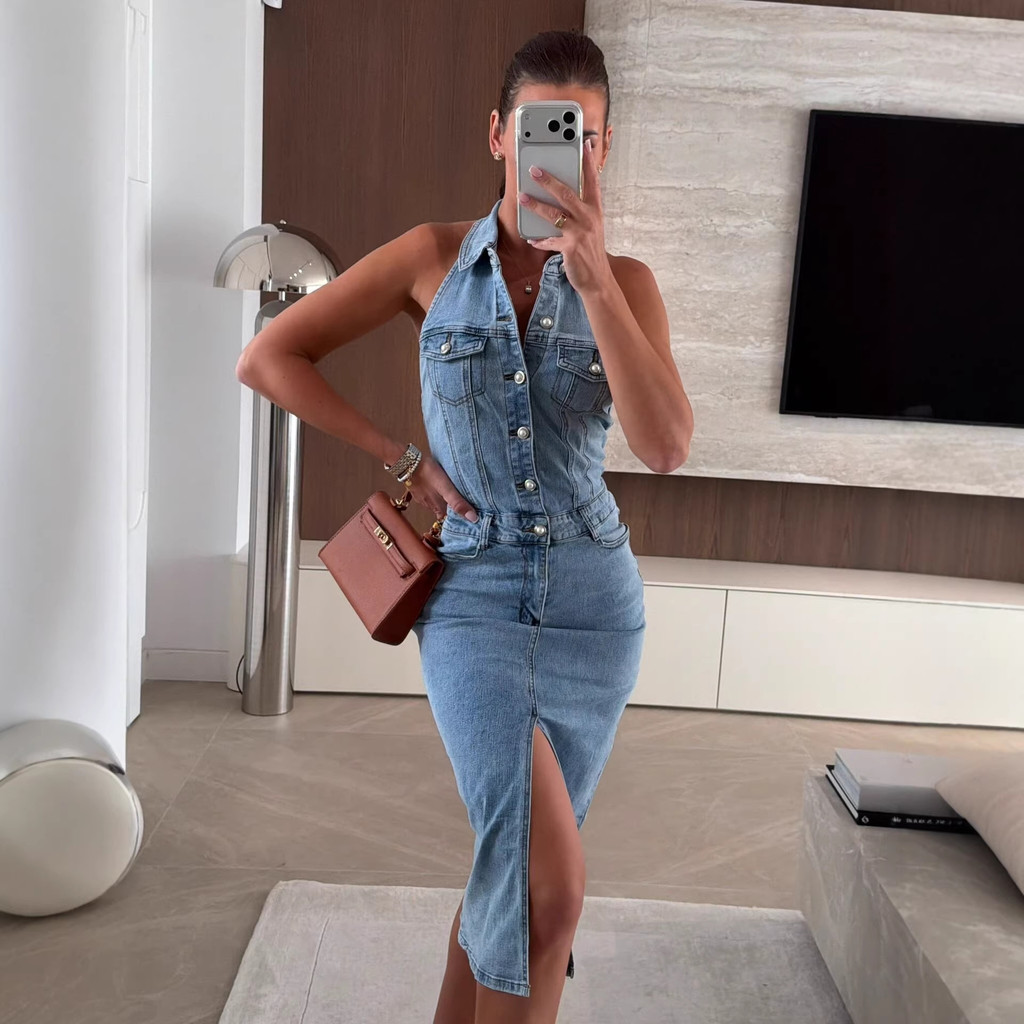 2026 ฤดูร้อน Single-Breasted ยุโรปสไตล์อเมริกันปกแขนกุดเอวแคบ A-Line แฟชั่น Denim ชุดเสื้อผ้าผู้หญิง