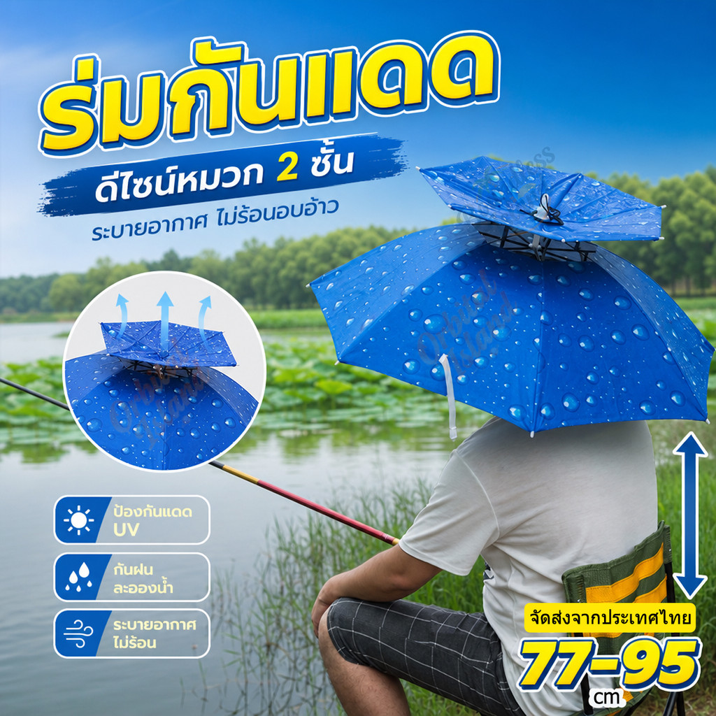 หมวกร่ม 2ชั้น รมกันยูวี แบบพับ กันฝนและแดด ใส่ตอนตกปลา ป้องกันรังสียูวี UV100% ขนาด77/90/95ซม