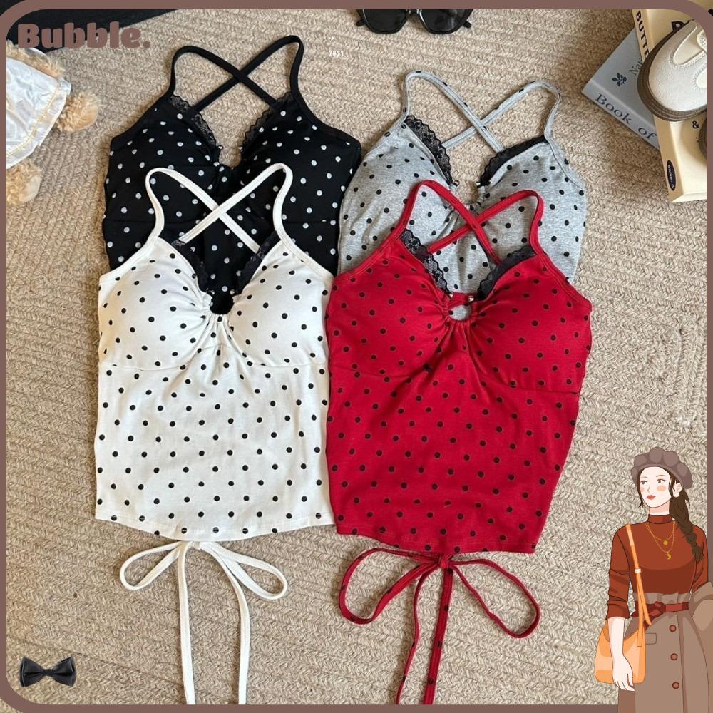 BUBBLE Crop Vest Tops, V คอออกแบบสปาเก็ตตี้ Polka Dot ผ้าฝ้ายถัง,แฟชั่นลูกไม้ Cross Backless Ropa Mu