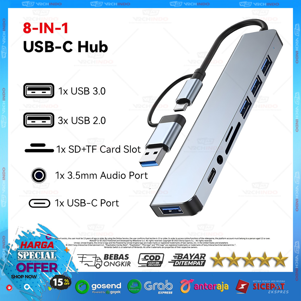USB C Hub 8 พอร์ต/อะแดปเตอร์ Type C 8in1 USB 3.0 USB 2.0 SD TF Audio สําหรับแล็ปท็อปและพีซี