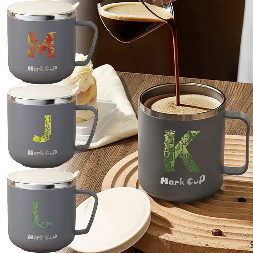 แก้วกาแฟสีเทาสแตนเลสพร้อมฝาและหูจับ BPA-free เก็บอุณหภูมิ Engrave Image Series สำหรับบ้านและออฟฟิศ
