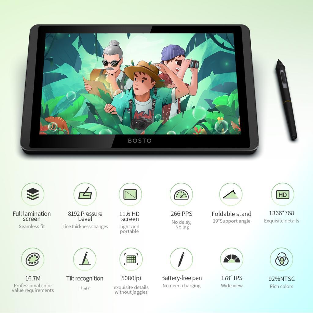 Tutoushop BOSTO 12HD-A H-IPS LCD กราฟิกแท็บเล็ต 11.6 นิ้วขนาด 1366x768 จอแสดงผล 8192 ระดับความดัน