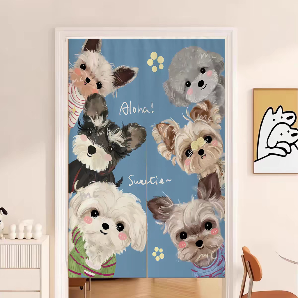 ม่านประตูลายสุนัขน่ารัก Noren Schnauzer Poodle ห้องนอนห้องครัวพาร์ติชั่นผ้าม่านพร้อมก้านฟรี