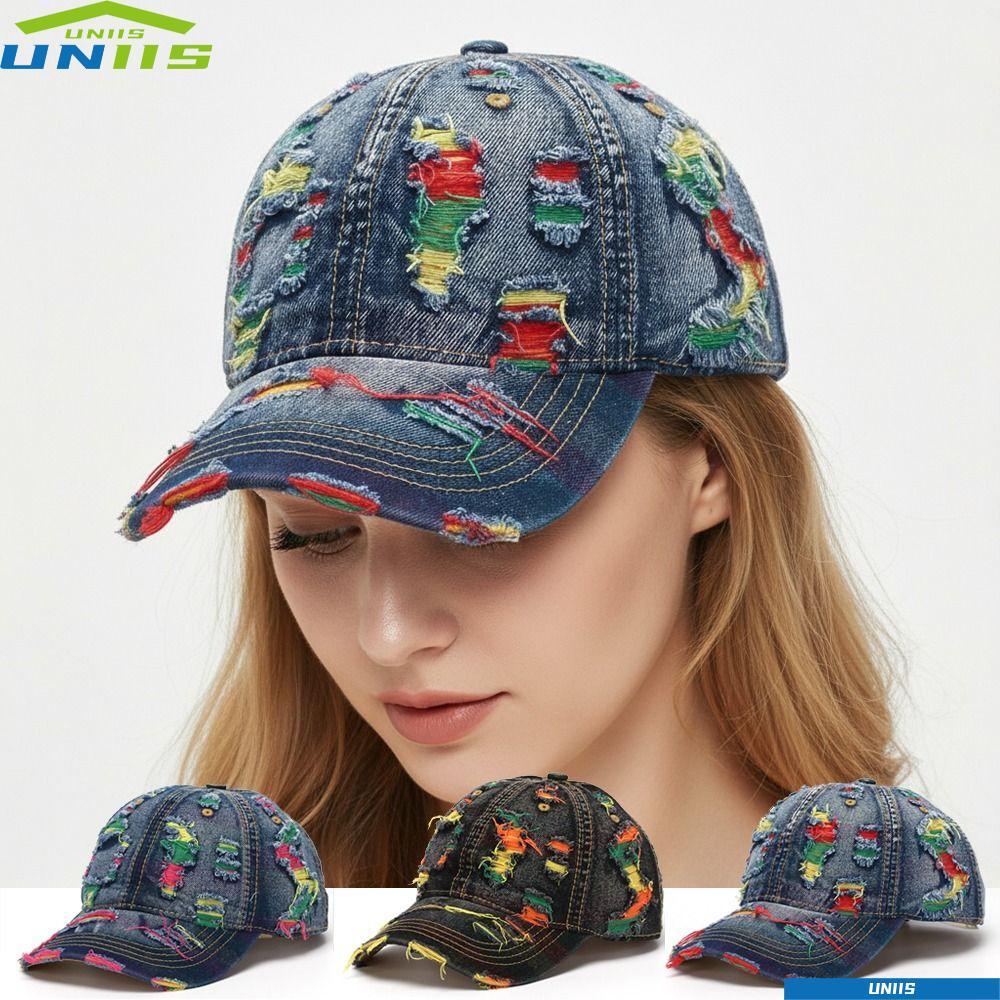 UNIIS Tear สไตล์หมวกหลุม,ปรับสีสันเส้นเบสบอลหมวก,แฟชั่น Denim Visor Peaked หมวกสําหรับชายหญิงกลางแจ้