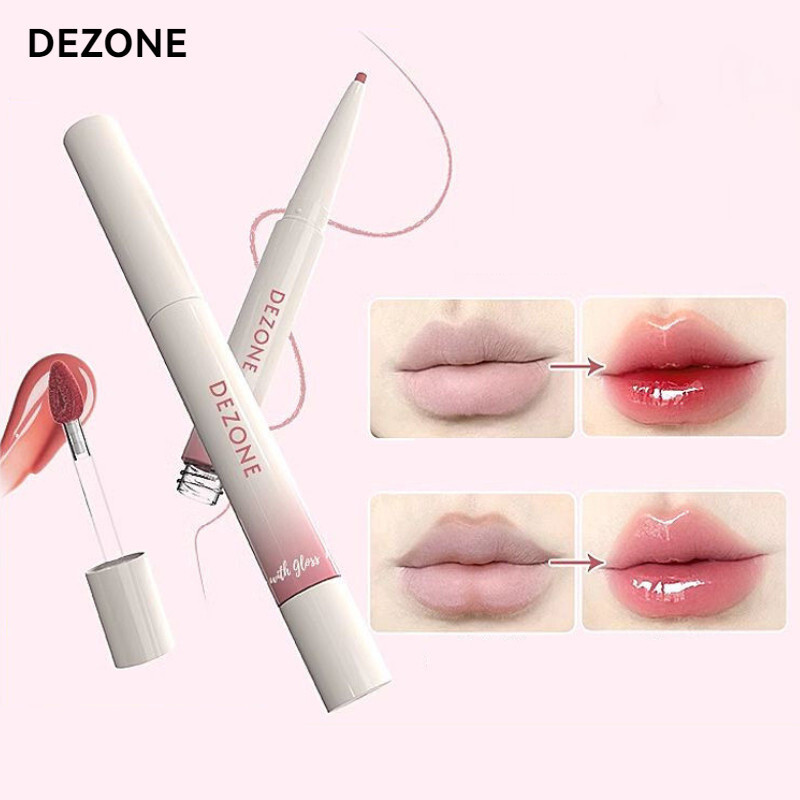 新款*DEZONE Lip Glaze Lip Liner Double-Ended Lip Glaze Glossy Mirror ลิปสติก Lip Liner Non-Stick Cup