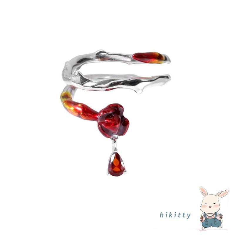HIK ผู้หญิงเปิดแหวนสีแดง Rose ดอกไม้แหวน Chic Index แฟชั่น Lady Finger Jewellery วันวาเลนไทน์ Y2K