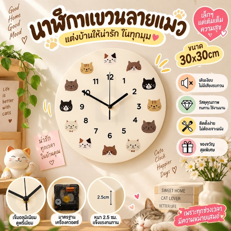 COD นาฬิกาแขวนแมวน่ารัก ไร้กรอบ สไตล์ญี่ปุ่น เครื่องควอทซ์เงียบ ติดตั้งไม่ต้องเจาะผนัง การตกแต่งบ้าน