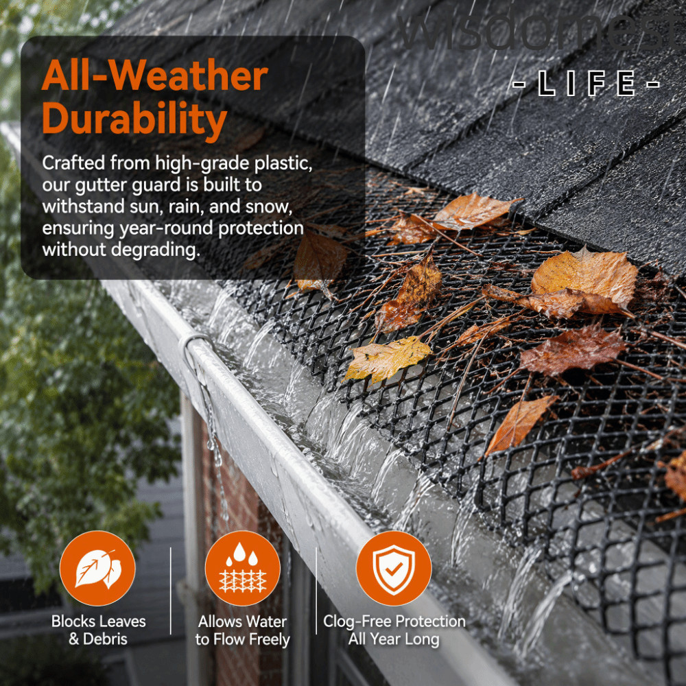 WISDOMEST Gutter Leaf Guard Roll, พลาสติกติดตั้งง่าย Gutter Guard ตาข่ายม้วน, นํากลับมาใช้ใหม่กรองเศ