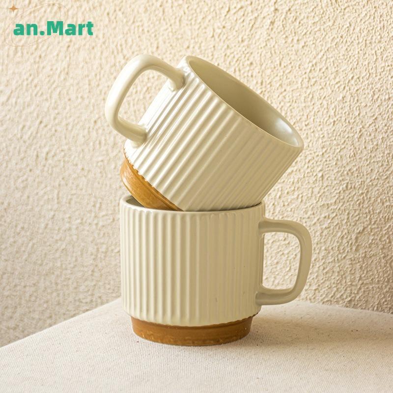 AN.MART Modern Simple Thiened แก้วเซรามิคสีขาวพร้อมที่จับถ้วยดื่มแบบใช้ซ้ําได้สําหรับกาแฟนมใช้ในบ้าน