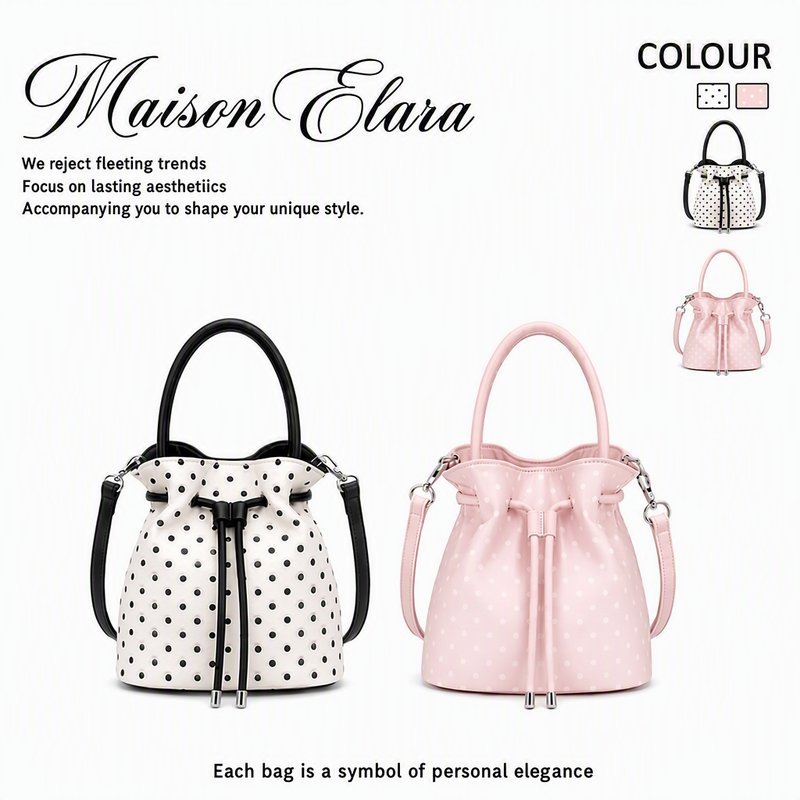 Maison Elara กระเป๋าถือเชือก กระเป๋าถังเชือกดึง กระเป๋าสะพายไหล่ polka dot พกพา กระเป๋าถือ เหมาะกับทุกสไตล์