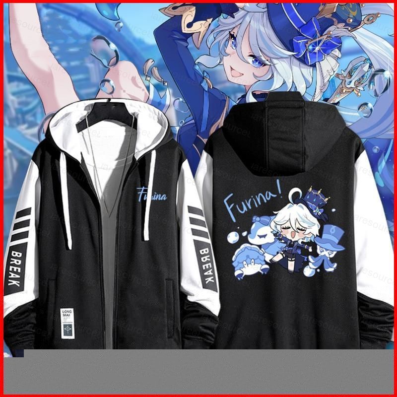 Genshin Impact Furina Focalors เสื้อโค้ทซิป เสื้อแจ็คเก็ตมีฮู้ดเสื้อสเวตเตอร์คาร์ดิแกน
