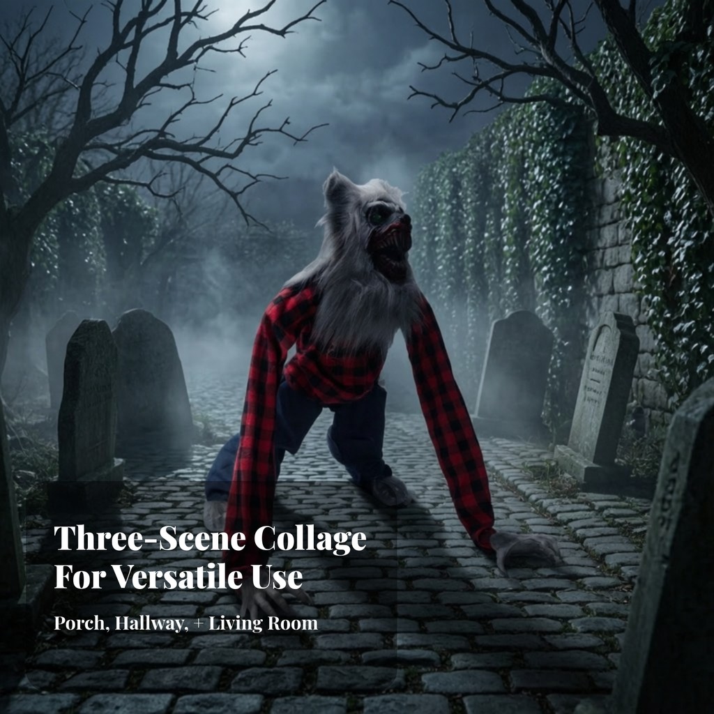 Electric Wolfman รูป Spooky Wolfman รูปตา Light-up มนุษย์หมาป่าเคลื่อนไหว Creepy Werewolf Prop ทนทาน
