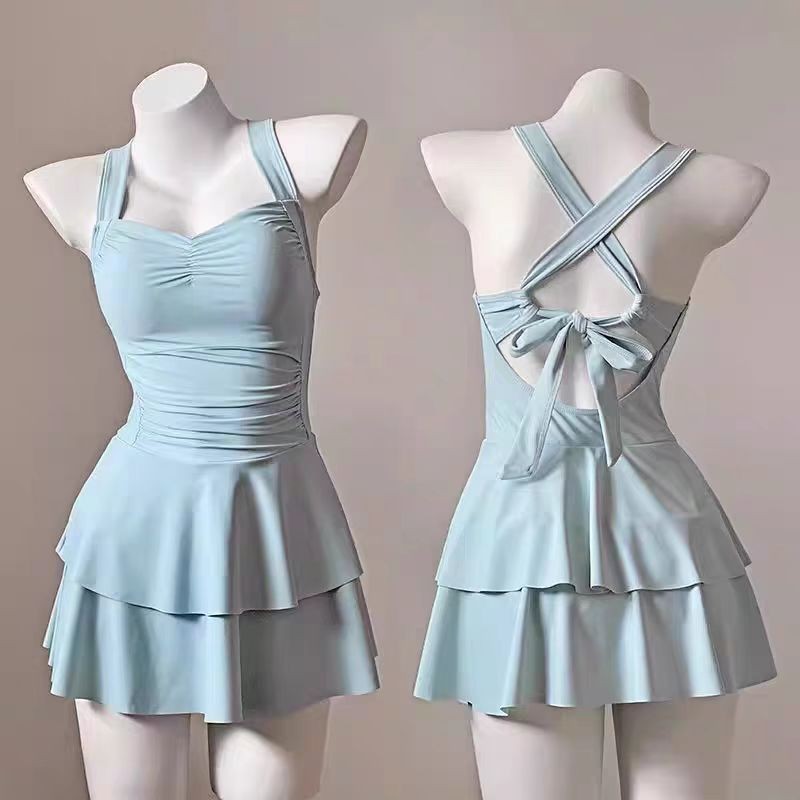 【ks1215.th】 奶呼呼的马卡龙蓝少女泳衣连体裙式纯欲带胸垫泡温泉泳拍照好看Milk like macaron blue girls' swimsuit jumpsui 【08259Y3U2Wm