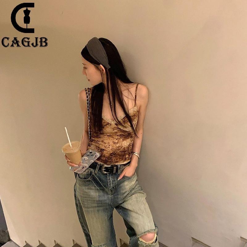 [CAGJB] American Retro Print Camisole ผู้หญิงเซ็กซี่ลูกไม้ Patchwork V คอแขนกุด Slim Tank Top UOM