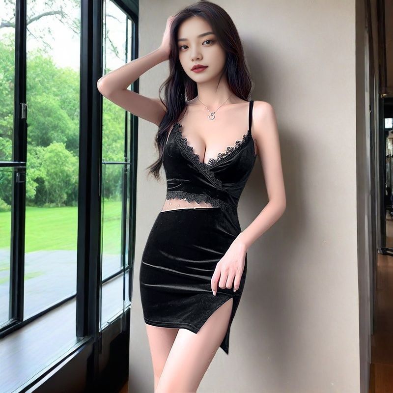 Night Club ktv ทํางานเซ็กซี่ Low-Cut V คอ Halter กํามะหยี่ชุดสลิงหญิงช่างชุด Tight-Fit