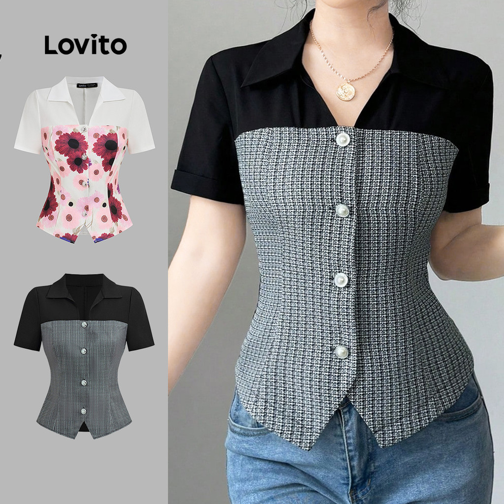 Lovito สง่างาม เสื้อเบลาส์สีดําสําหรับฤดูร้อน/ฤดูใบไม้ผลิสําหรับผู้หญิง ตกแต่งด้วยกระดุมด้านหน้าและเย็บผ้าแบบบล็อกสี L172LD331