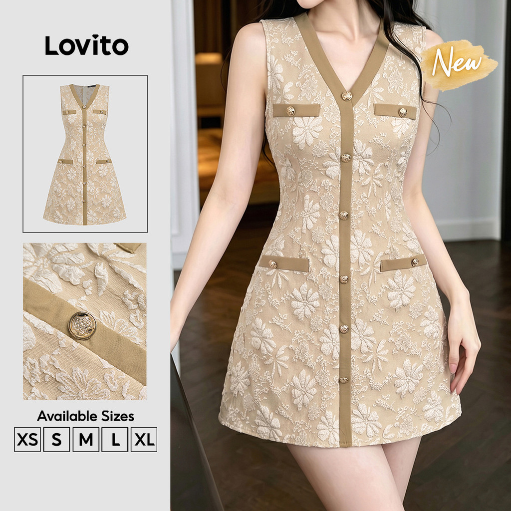 (New Arrival) Lovito เดรสผู้หญิงผ้าเนื้อดี กระดุมปลอม สีเขียวมะกอกอ่อน สําหรับฤดูใบไม้ผลิและฤดูร้อน ทำงาน เกาหลี อินเทรนด์ DRK8TD215