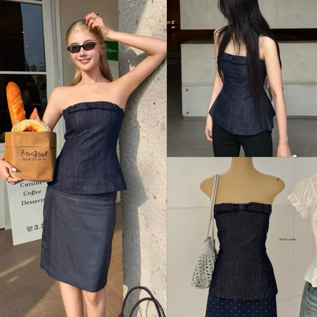 W10600 เสื้อเกาะอกยีนส์ที่ทรงสวยตาแตกมากกก! เสื้อเกาะอกยีนส์สไตล์คล้องคอ แฟชั่นเกาหลี TAG WG.WE