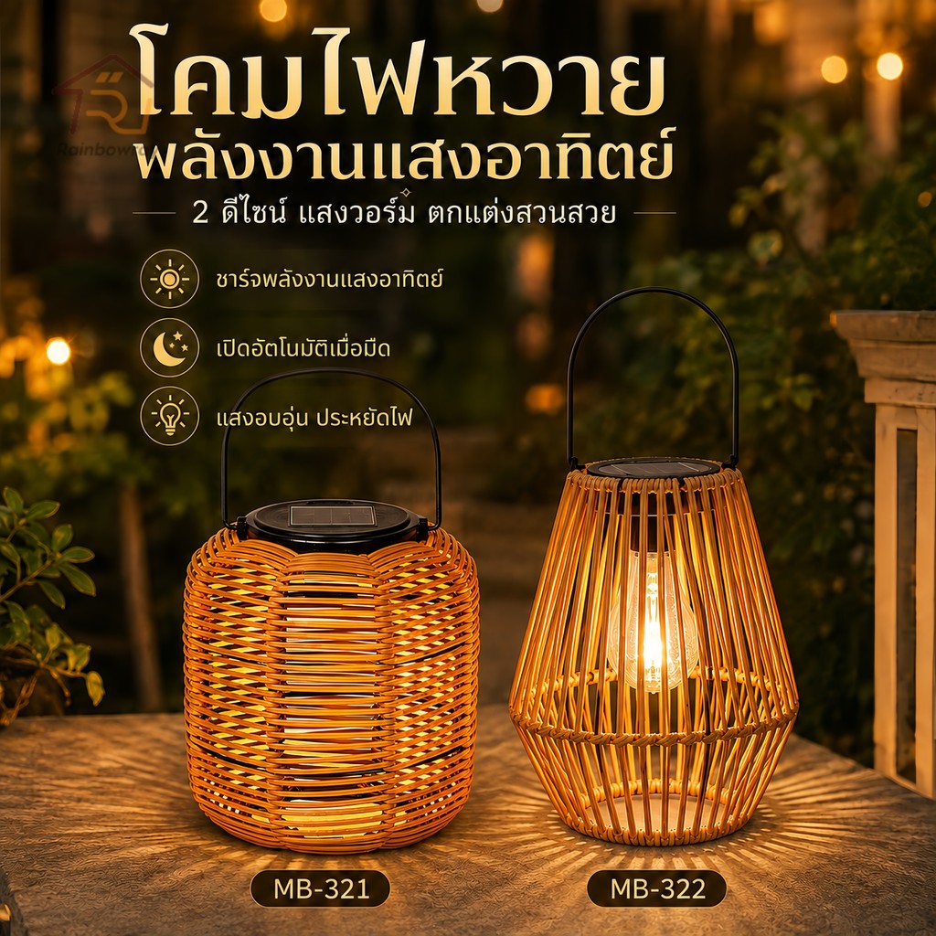 โคมไฟหวายไม้ไผ่ โคมไฟแขวน หวายพลาสติกเทียม แสงอุ่น กันน้ำและทนทาน มีหูหิ้วพกพา ของตกแต่งสวน