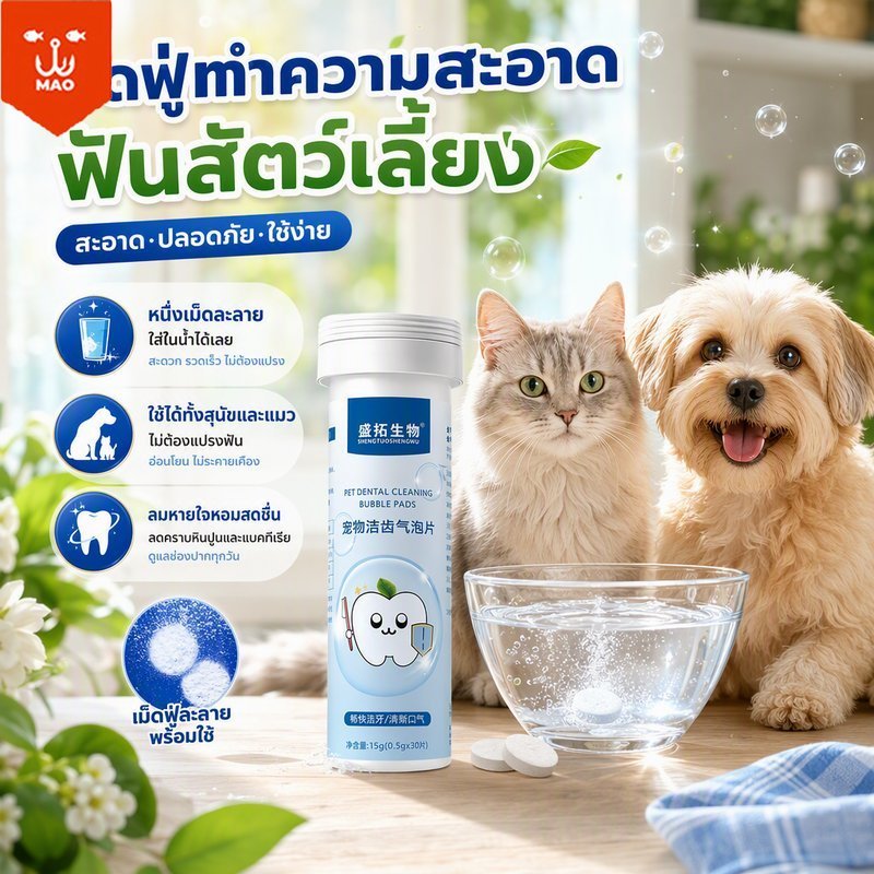 เม็ดฟู่ทำความสะอาดฟันสัตว์เลี้ยง ละลายน้ำ เม็ดทำความสะอาดฟันแมวสุนัขลบกลิ่นปาก