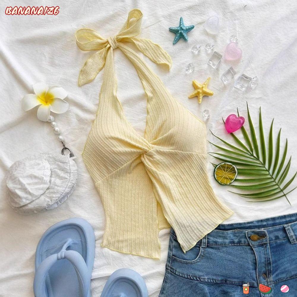 BANANA1Z6 Halter Neck Top, Tether สลิงเซ็กซี่ V คอ Crop Top, หวาน Y2K เสื้อผ้าเสื้อแขนกุด Crop Tops 