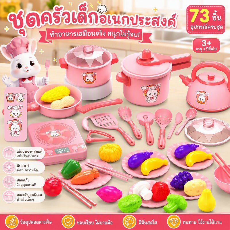 ชุดครัวของเล่น เด็ก ธีมกระต่ายเชฟ สีชมพู อาหารจำลอง ผักผลไม้ตัดได้ เตาไฟฟ้าจำลอง 34 73 ชิ้น