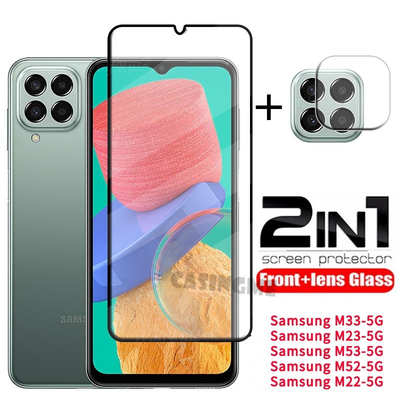 2 in 1 ป้องกันหน้าจอสําหรับ Samsung M33 5G M53 M23 M52 M22 4G 5G กระจกนิรภัยด้านหน้าฟิล์มกลับเลนส์ M
