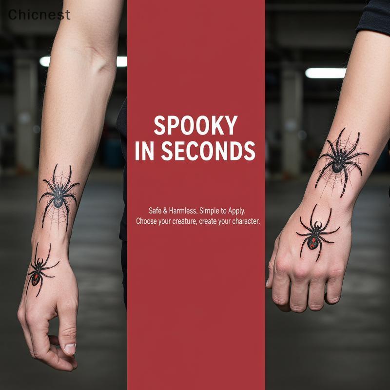 [Chc] รอยสักชั่วคราว Stiers 5PCS แมงมุมน่ากลัวสักปลอมผิวปลอดภัยสําหรับฮาโลวีน Haunted Event Body คอส