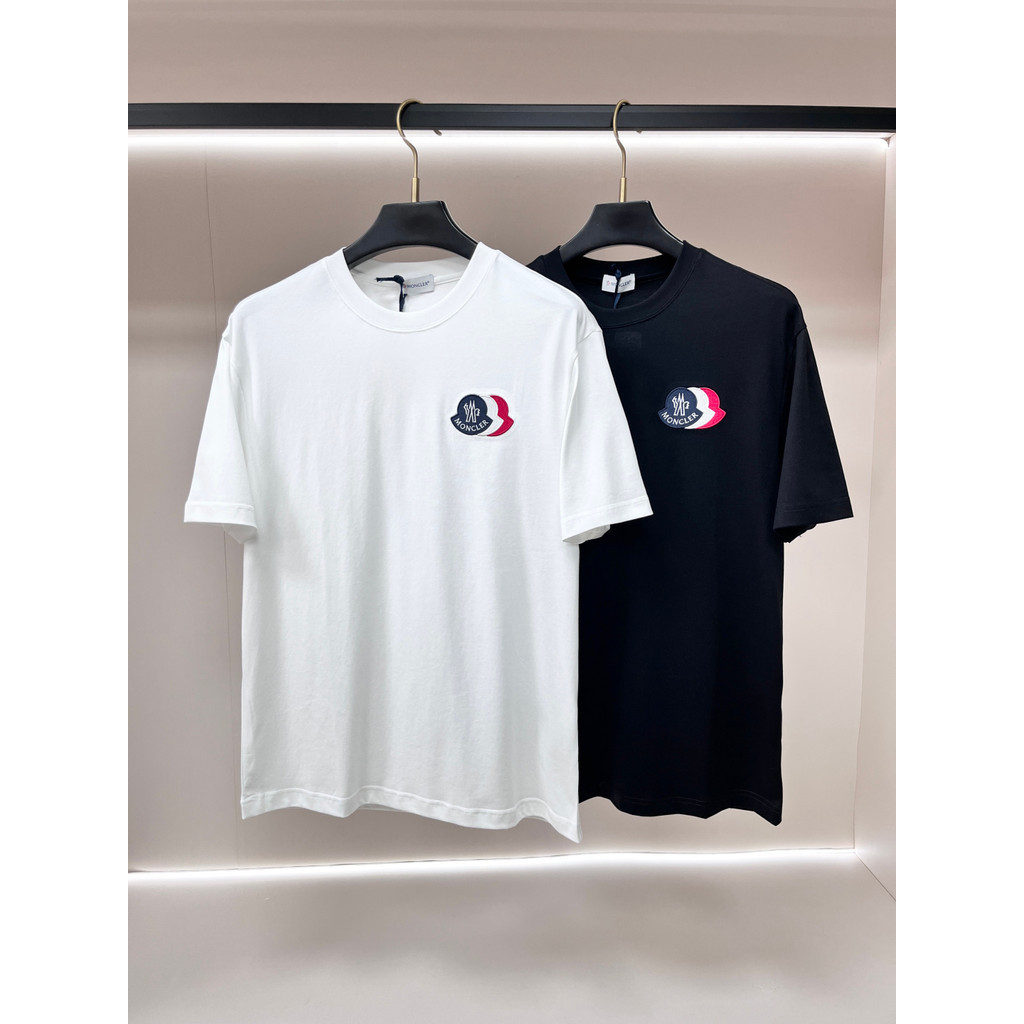 Moncler/Moncler/2026 คลาสสิกรอบคอแขนสั้นเสื้อยืดผู้ชายผู้หญิงสไตล์ Two-Line Contrast สีรอบคอฤดูใบไม้