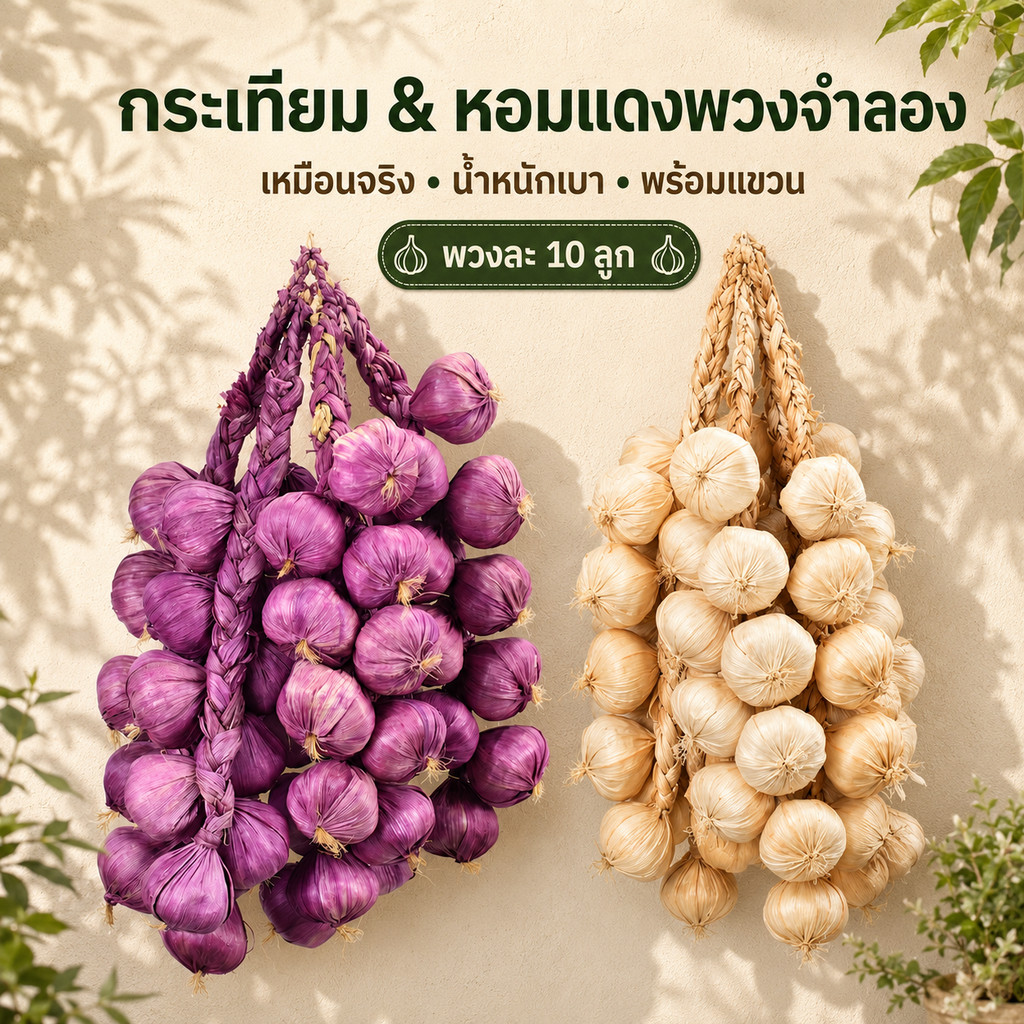 จำลอง กระเทียม หอมแดง แบบแขวน อาหารแห้งปลอม แขวนผนัง ผักปลอม งานสวยสมจริง สำหรับตกแต่งร้านค้า พร๊อพถ่ายภาพ Props