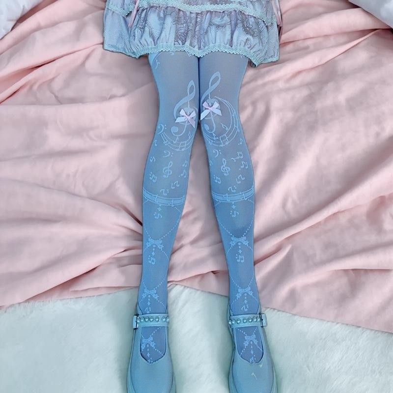 {Note Dance} Lolita ถุงเท้าต้นขาหวานหญิง Bow Lolita สีดําสีขาว Over-the-Knee High Socks 9.4