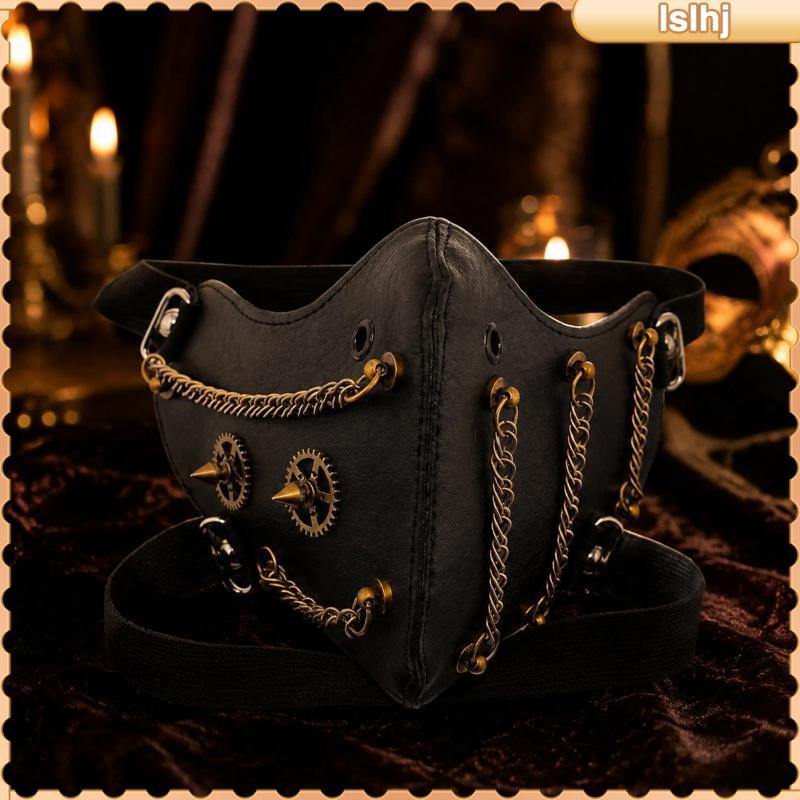 [Lslhj] หน้ากาก PU พร้อมโซ่ หน้ากากคอสเพลย์ Steampunk Tech-Noir Science Fiction-Fi สําหรับนักคอสเพลย
