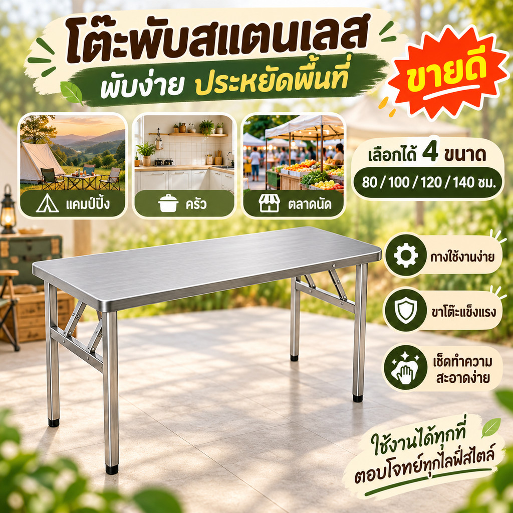 🔥 โต๊ะพับสแตนเลสหน้ากันลื่น โครงแข็งแรง รับน้ำหนักดี พับเก็บได้ไม่เปลืองที่ เหมาะขายของ งานเลี้ยง ใช้ในบ้าน มี 4 ขนาด พ