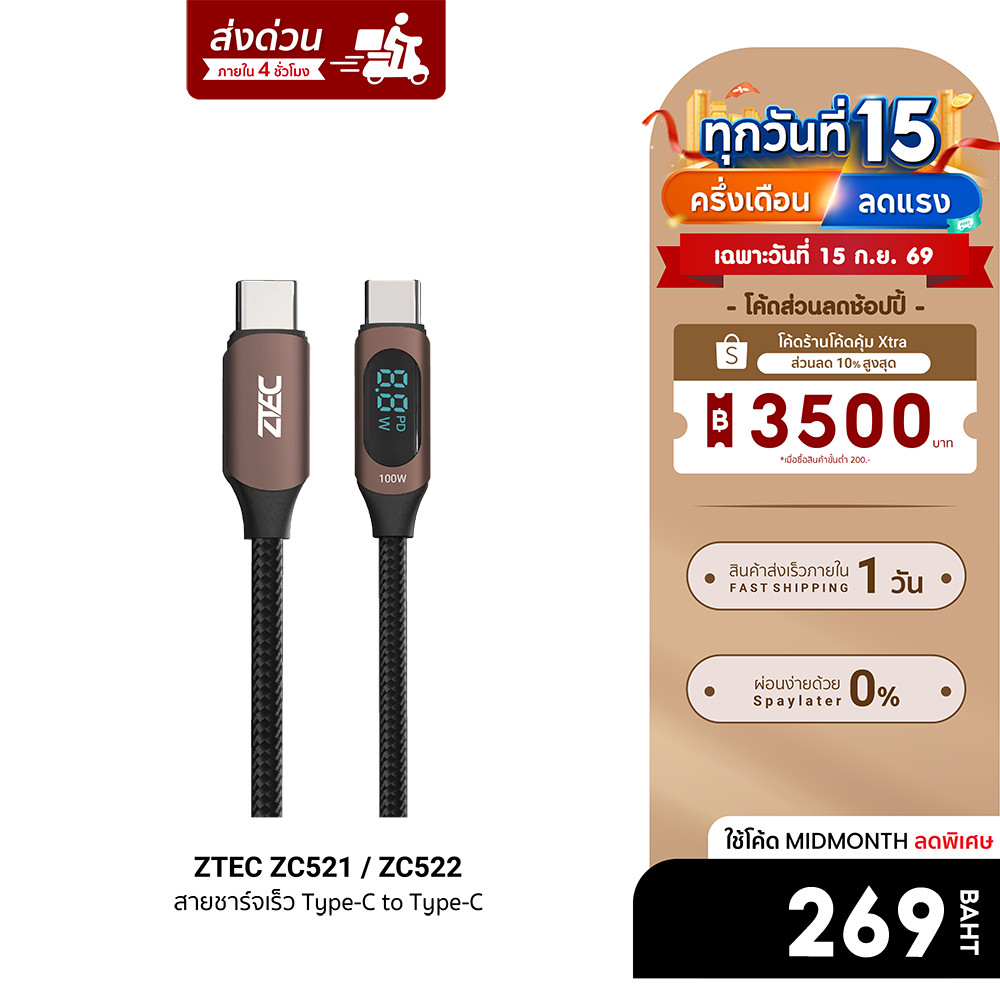 [ลดเหลือ 269] ZTEC ZC521 / ZC522 สายชาร์จ 5A 100W สายวัดกำลังไฟ USB-C to USB-C วัสดุสายถัก -24M