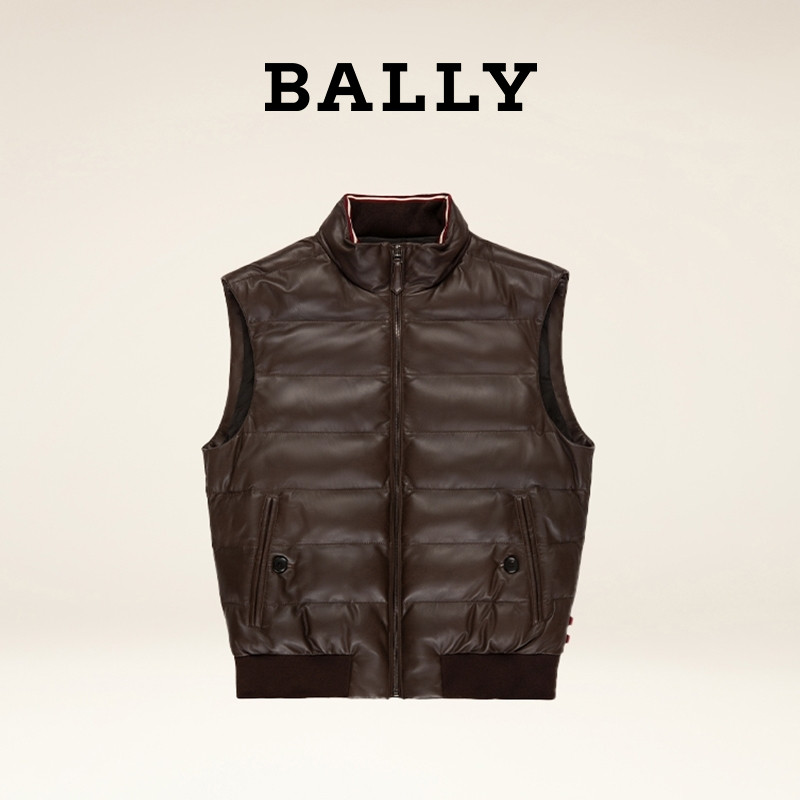 เสื้อกั๊กลายทางสั้นหนังแท้ BALLY สีEbony Brown สำหรับผู้ชาย