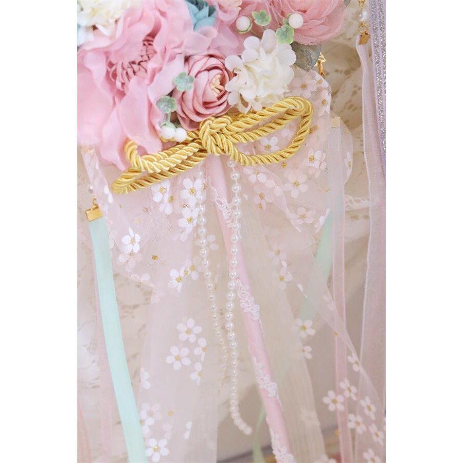 [Lop Ears Wang] Original Lolita Hand-Made Peony Rabbit สีชมพูสีเขียวกลุ่มพัดลมพู่งดงามสไตล์จีนจัดส่ง