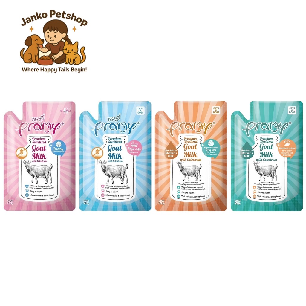 Pramy พรามี่ นมแพะสเตอริไลส์สำหรับสัตว์เลี้ยง นมแพะเกรนฟรี ย่อยง่าย เหมาะกับลูกแมว ขนาด 60g