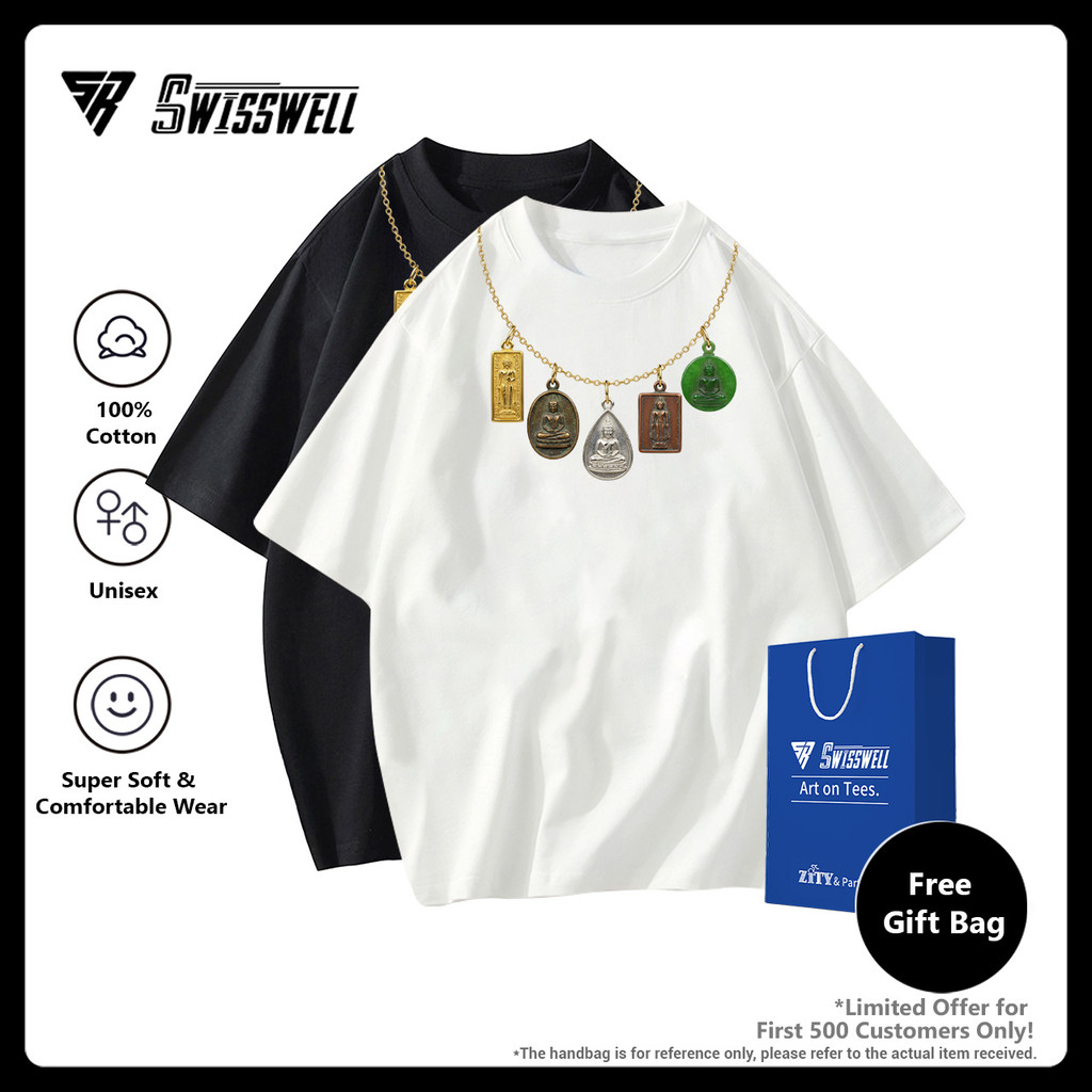 SwissWell 👕 T-Shirt เสื้อยืดผ้าคอตตอน 100% Oversize คอกลม Unisex ลาย Buddha amulets มั่นใจในทุกสถานก