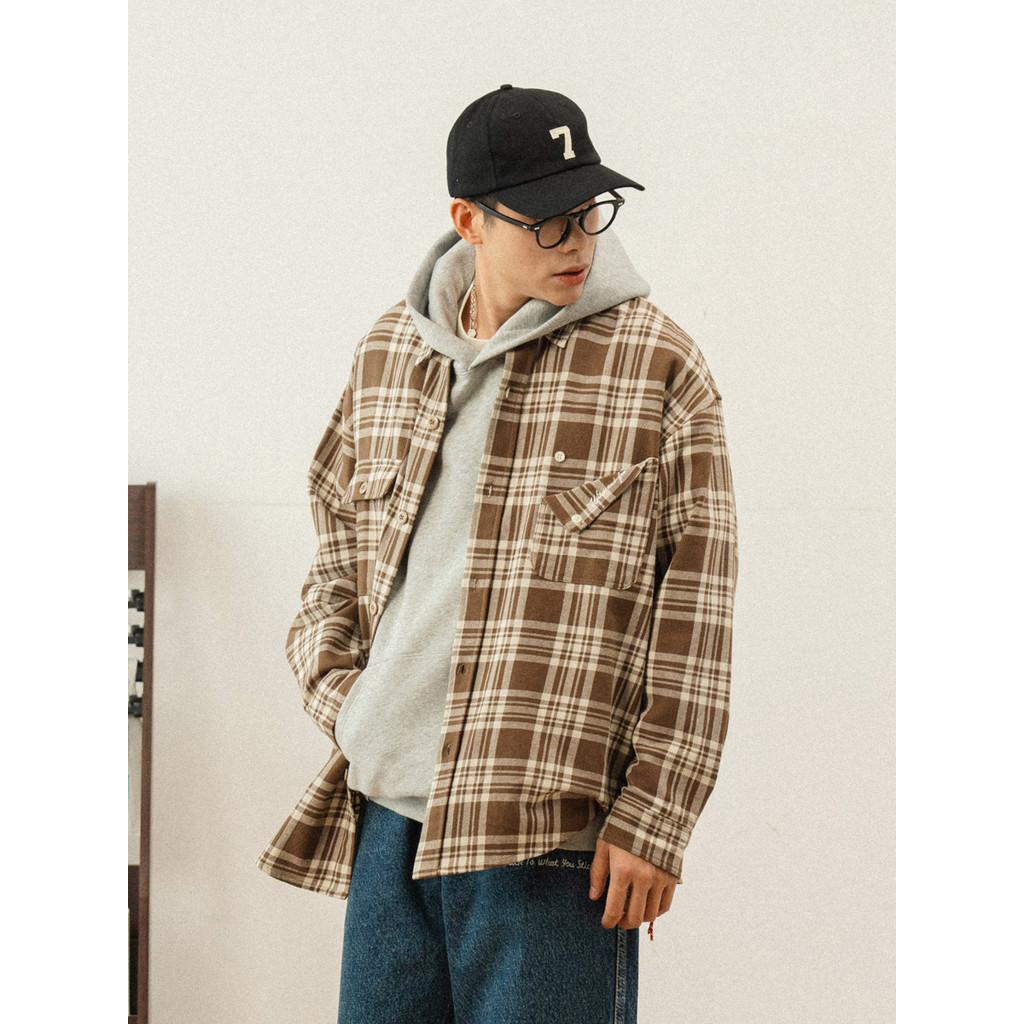 714street ญี่ปุ่นตรวจสอบชายเสื้อหลวมฤดูใบไม้ร่วง Street สวมใส่ ins Casual High-End เสื้อแขนยาว