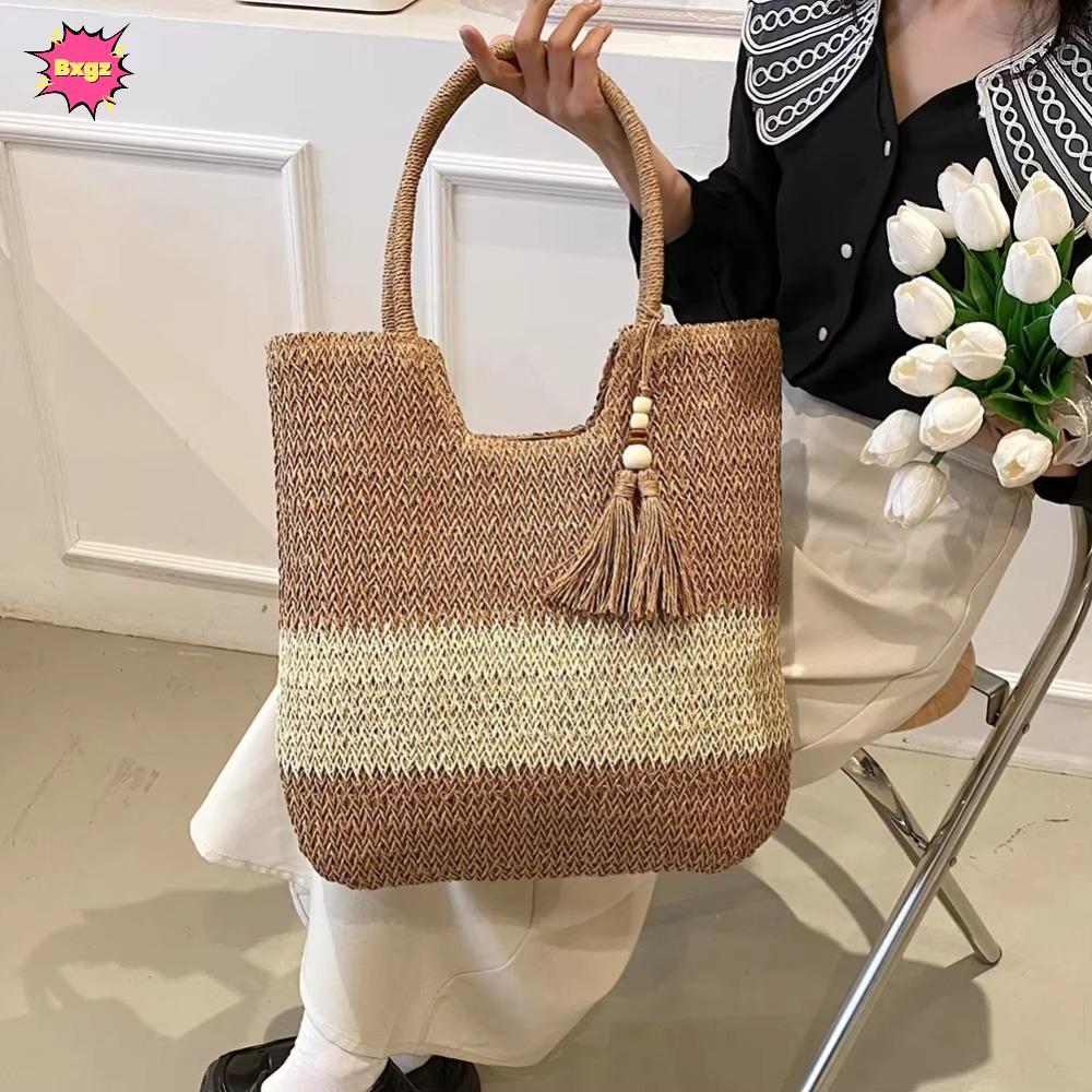 INNICE กระเป๋าสานฟาง Boho ทรงเก๋ สำหรับวันหยุดชายหาด มีพู่และขนาดความจุใหญ่