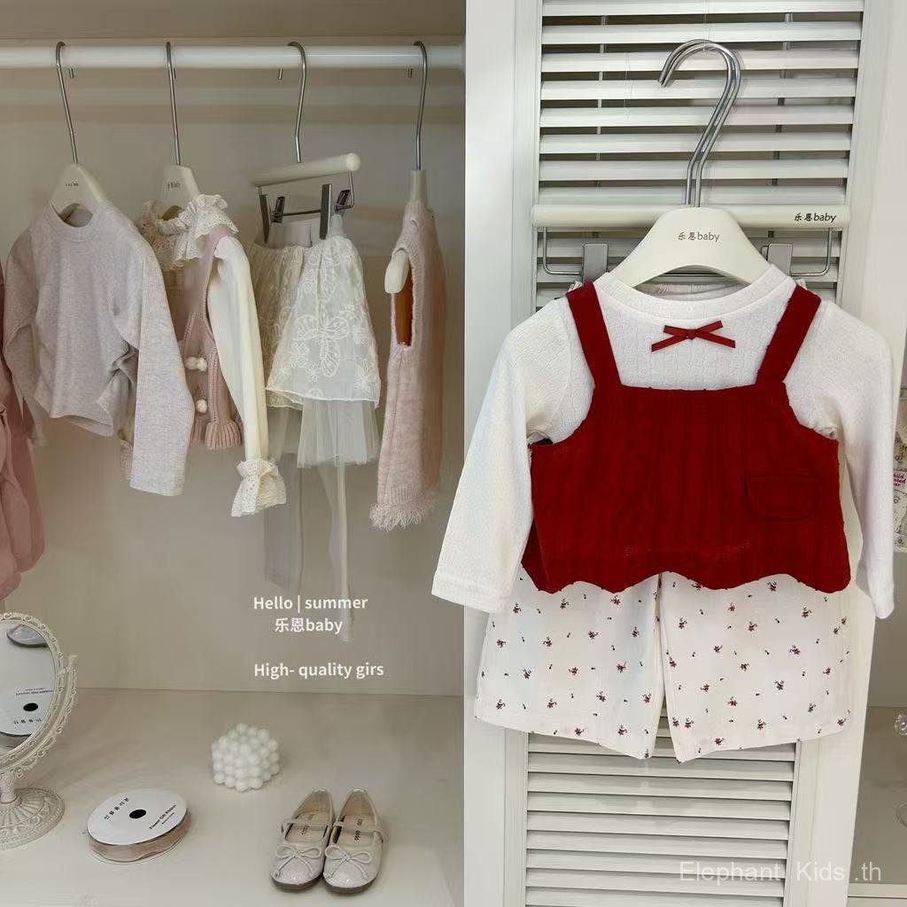 สาวฤดูใบไม้ร่วงสลิงสีแดง จุดต่ําสุด เสื้อด้านบนดอกไม้ตรงกางเกงขากว้างสูทชุดสองชิ้น