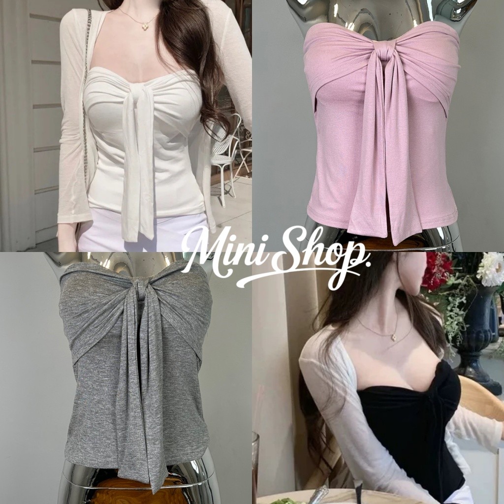 Mini shop🌸พร้อมส่ง(FY5506/FY5541) เสื้อคลุมแขนยาว /สายเดี่ยวเสริมฟองน้ำ สีพาสเทลน่ารักยืดพอดี