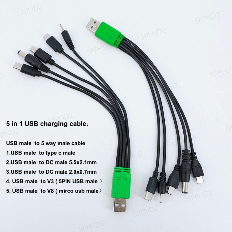 20 ซม.5 ใน 1 USB ชาย 5 ทิศทางประเภท c DC 5.5x2.1 มม.2.0x0.7 มม.ชาย mini 5P V3 V8 mirco usb ชายสายชาร
