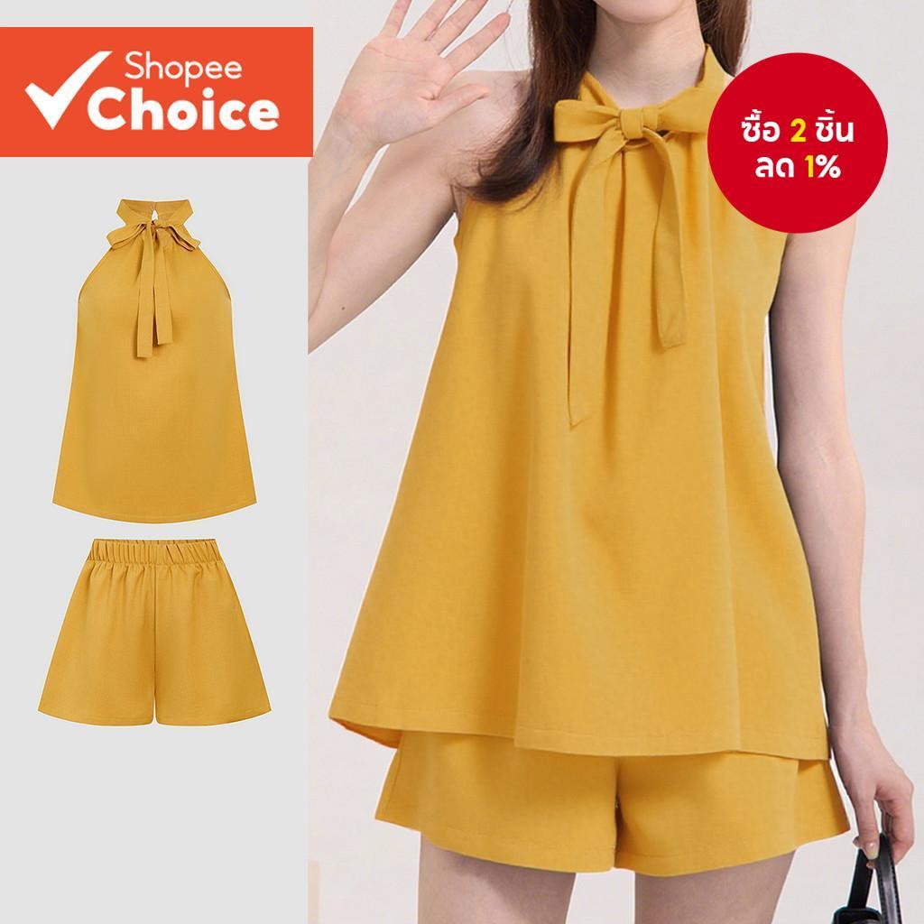 Lovito เสื้อผู้หญิงฤดูร้อนคอเชือกแขวนคอพร้อมสายผูกด้านหน้าและชายกระโปรงทรงเอ/กางเกงขาสั้นผู้หญิงลําล
