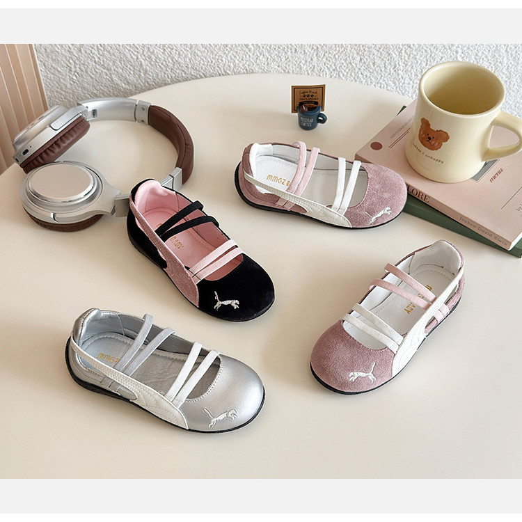 รองเท้าเด็กผู้หญิงเจ้าหญิง 2025 เกาหลี Slip-On พื้นนิ่ม หนัง PU สีดำ/ชมพู/เงิน