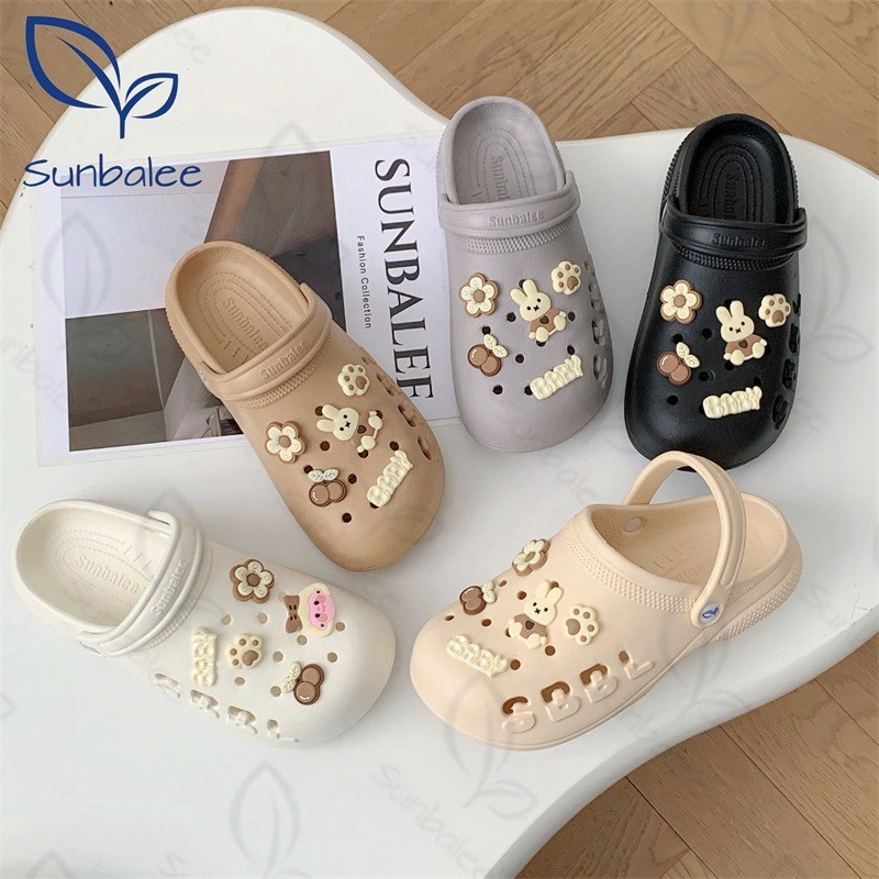 SUNBALEE 🍹SUNSB5 รองเท้าหัวโตสีพื้น ส้นแบน สวมใส่สบาย มีสายรัดส้น สไตล์เกาหลี สินค้าพร้อมส่ง
